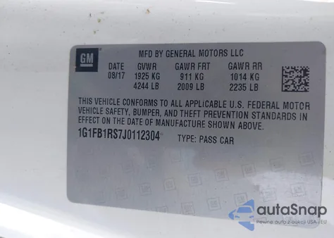 2018 Chevrolet Camaro 1Lt z USA, uszkodzony, nr VIN 1G1FB1RS7J0112304